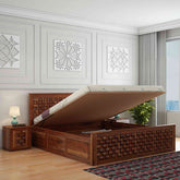 Olivia Solid Sheesham Wood Hydraulic Bed With Box Storage (Queen Size, Natural Finish)